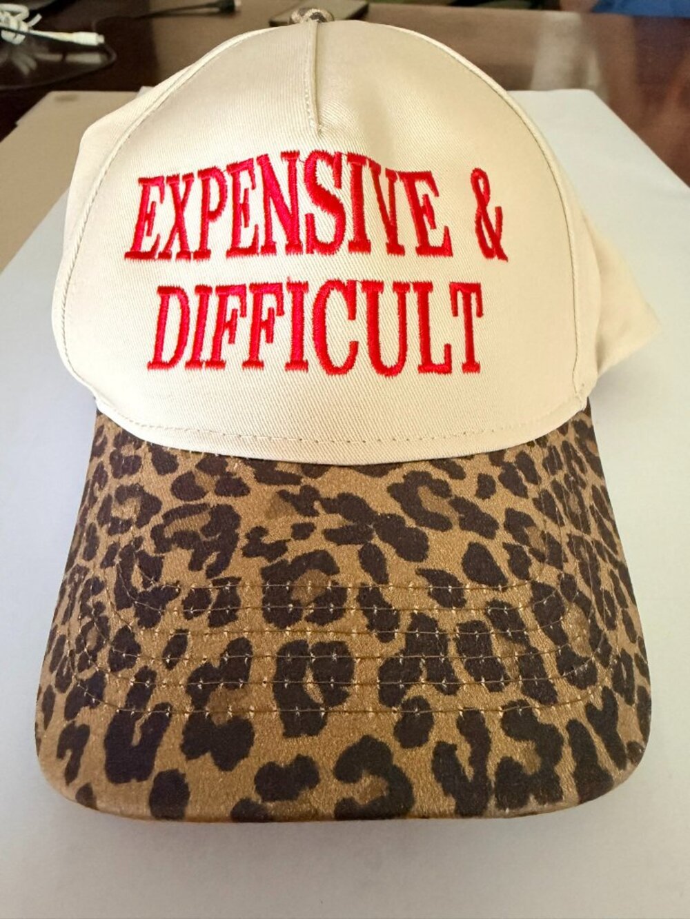 “EXPENSIVE & DIFFICULT” Ivory & Leopard‎ Embroidered Snap Back Trucker Hat NEW! - Picture 3 of 7